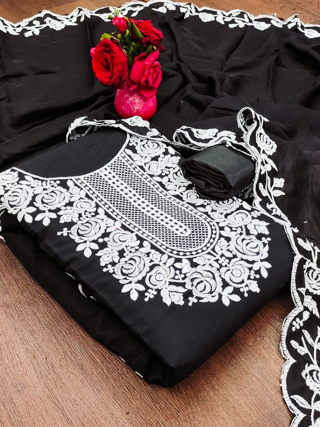 

ZEEPKART Woven Design Unstitched Dress Material, Black