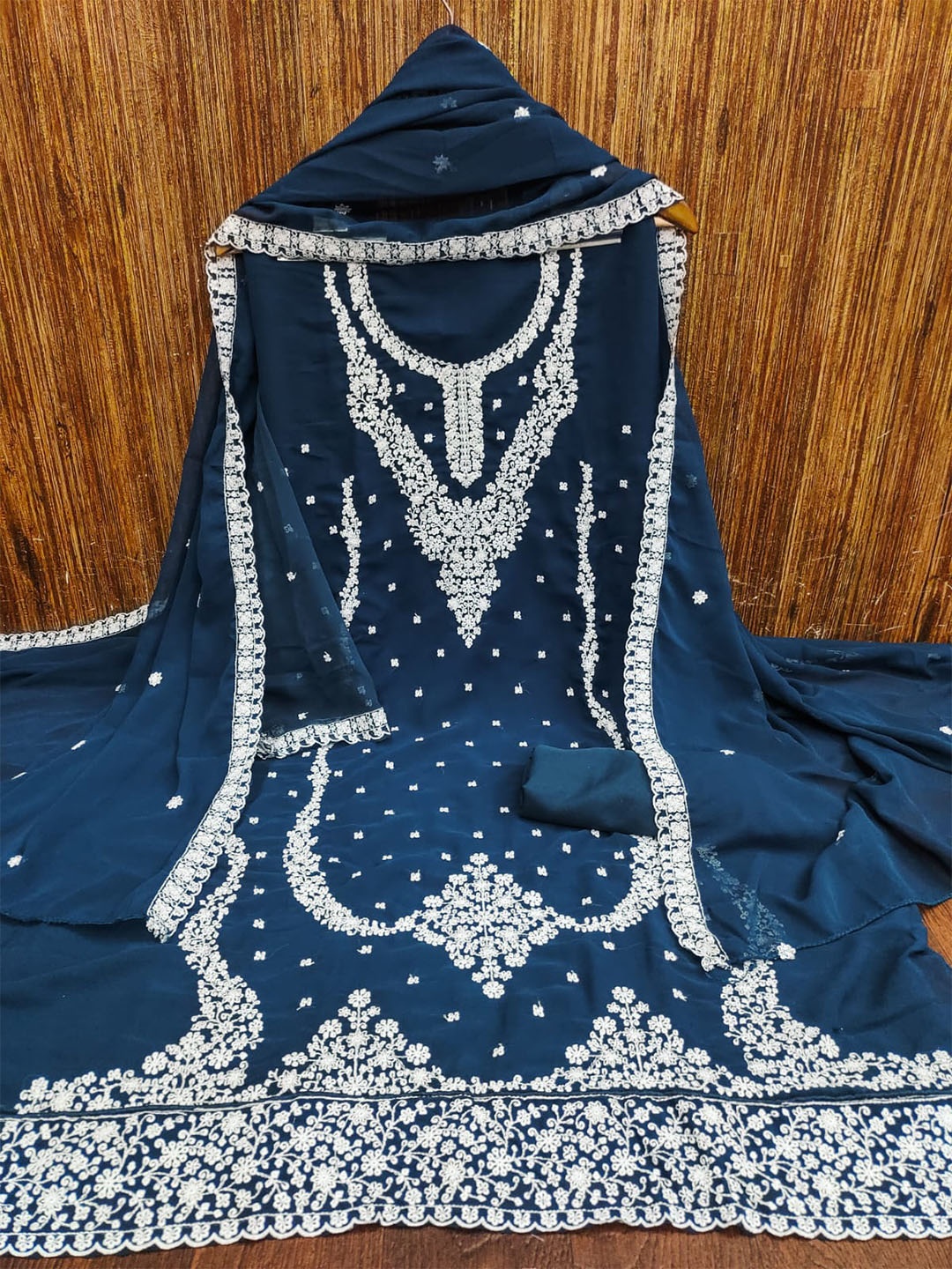 

ZEEPKART Floral Embroidered Unstitched Dress Material, Blue