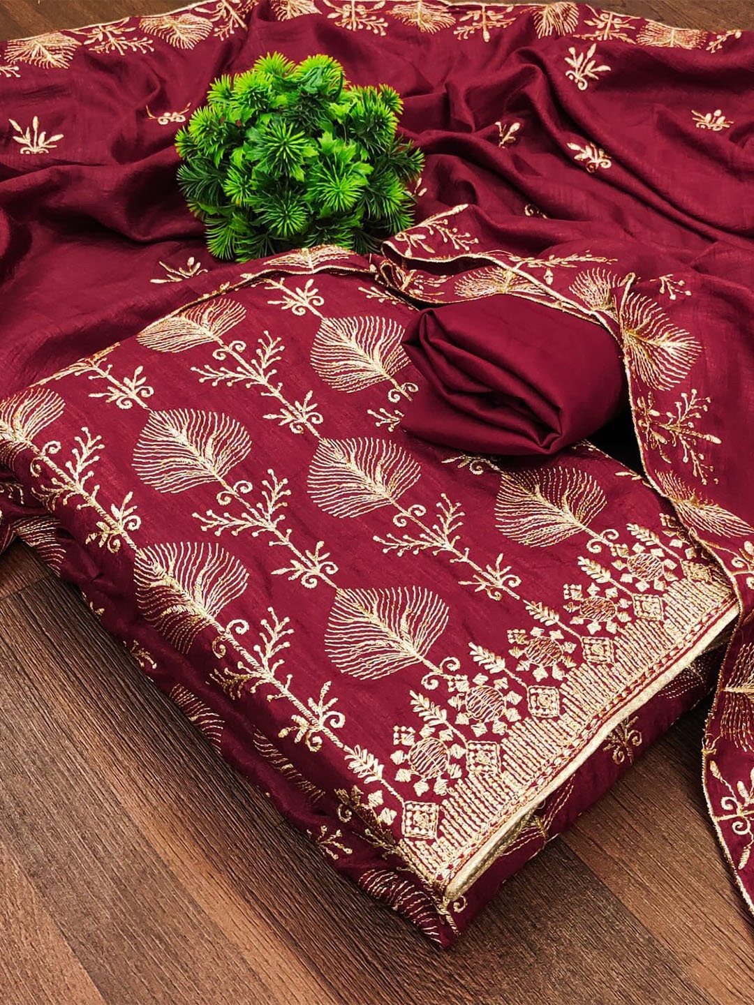 

ZEEPKART Embroidered Unstitched Dress Material, Red