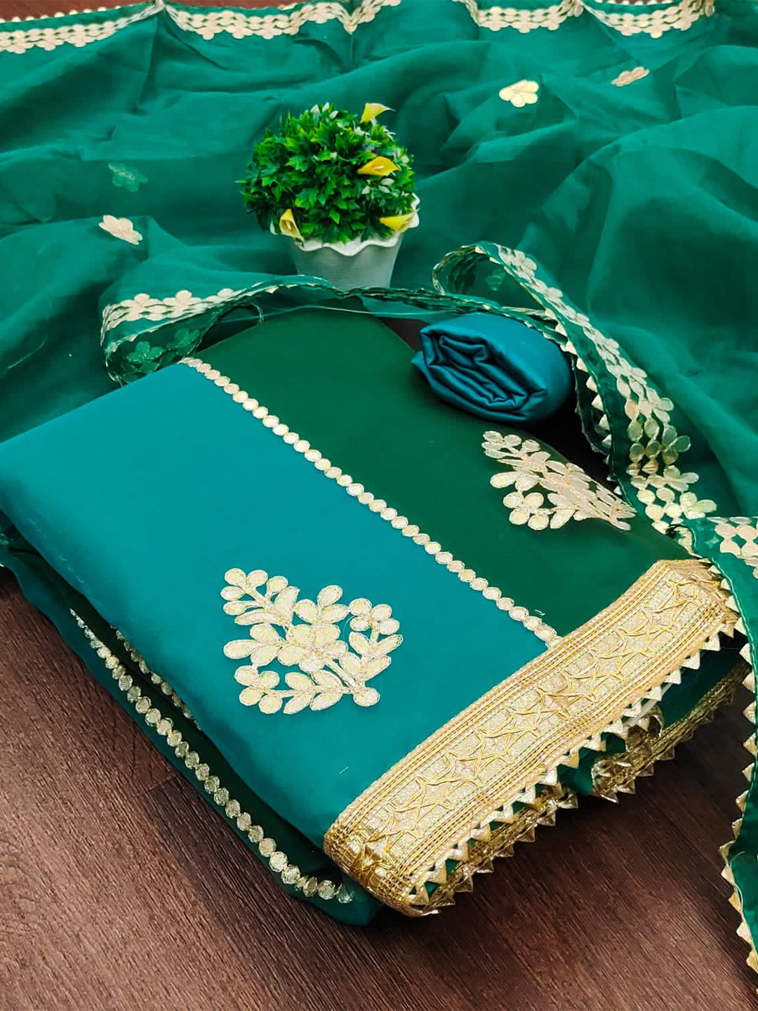 

ZEEPKART Ethnic Motifs Embroidered Gotta Patti Organza Unstitched Dress Material, Turquoise blue