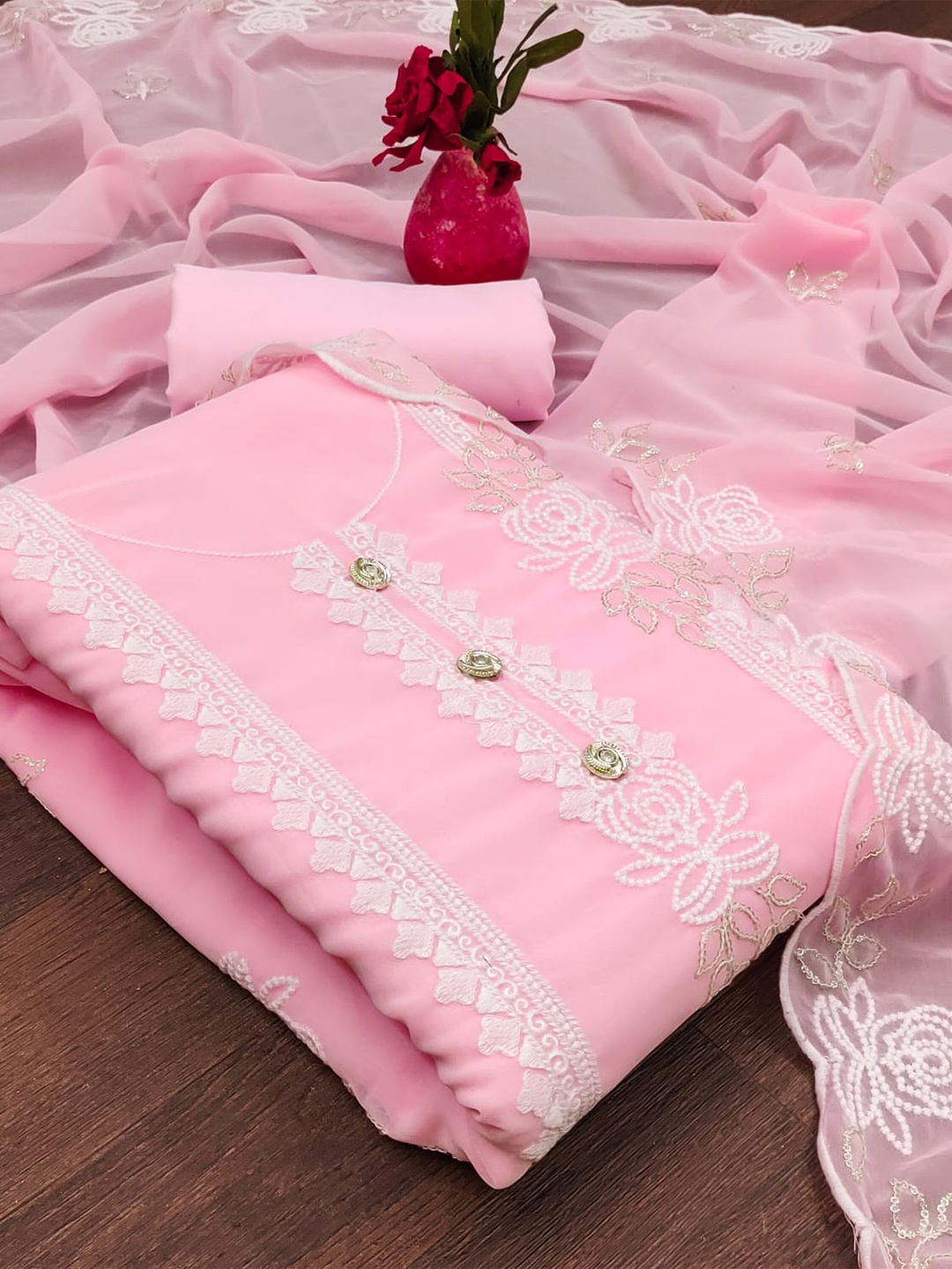 

ZEEPKART Embroidered Unstitched Dress Material, Pink