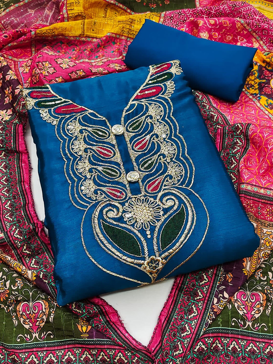 

ZEEPKART Paisley Embroidered Unstitched Dress Material, Blue