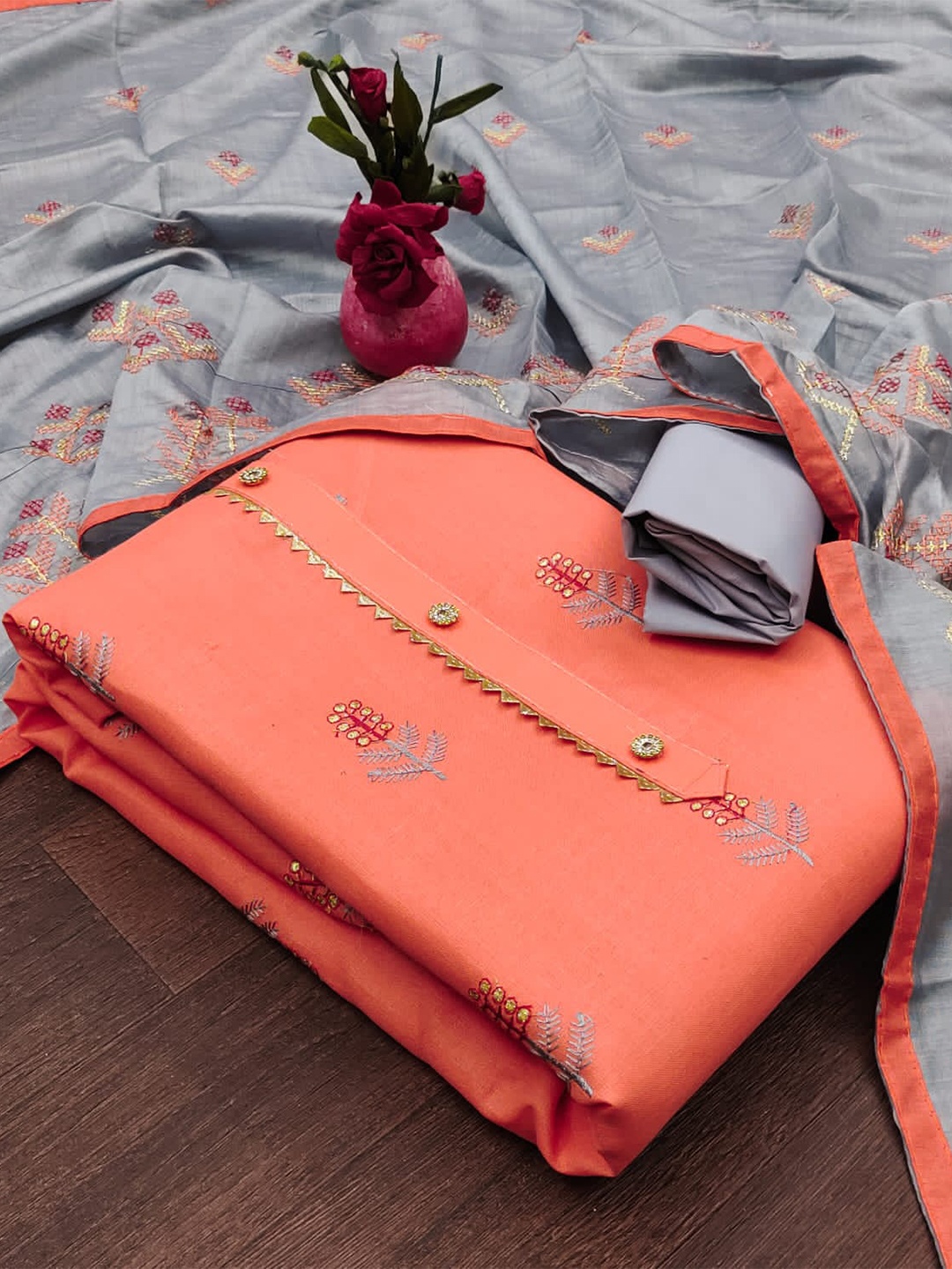 

ZEEPKART Floral Embroidered Unstitched Dress Material, Orange