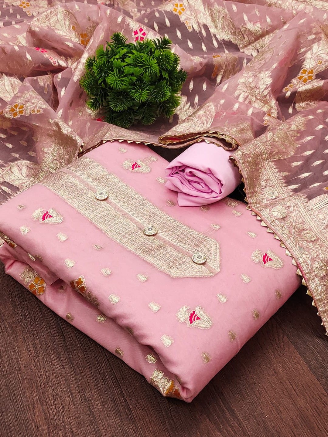 

ZEEPKART Woven Design Unstitched Dress Material, Pink