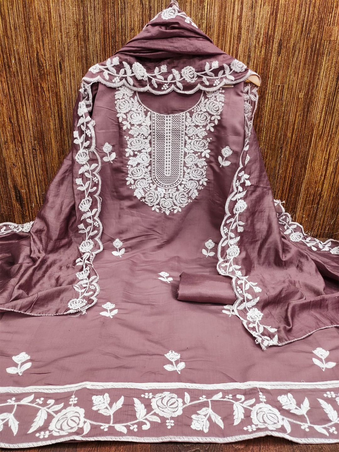 

ZEEPKART Floral Embroidered Unstitched Dress Material, Brown