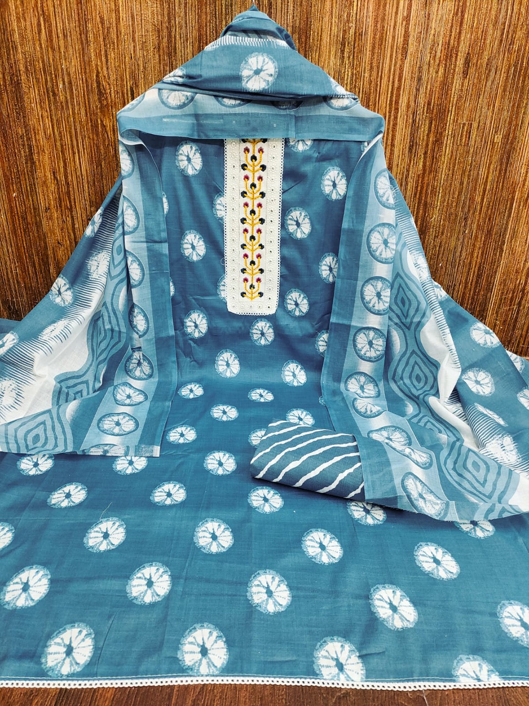 

ZEEPKART Ethnic Motifs Woven Design Mirror Work Unstitched Dress Material, Turquoise blue