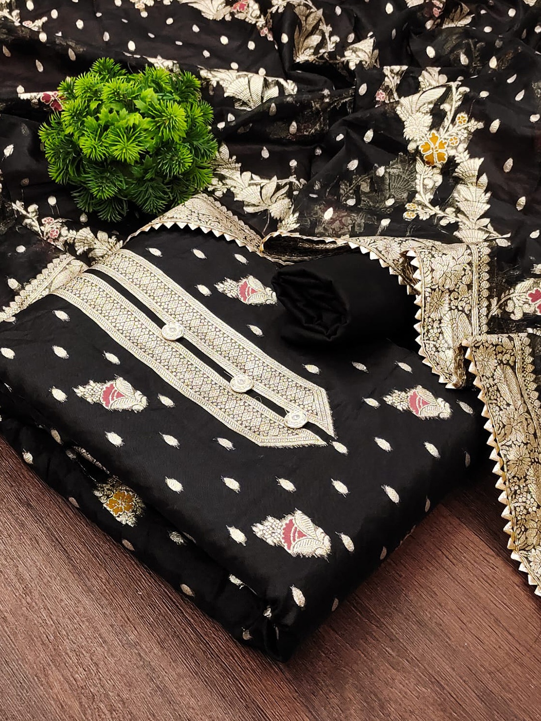 

ZEEPKART Floral Woven Design Zari Unstitched Dress Material, Black