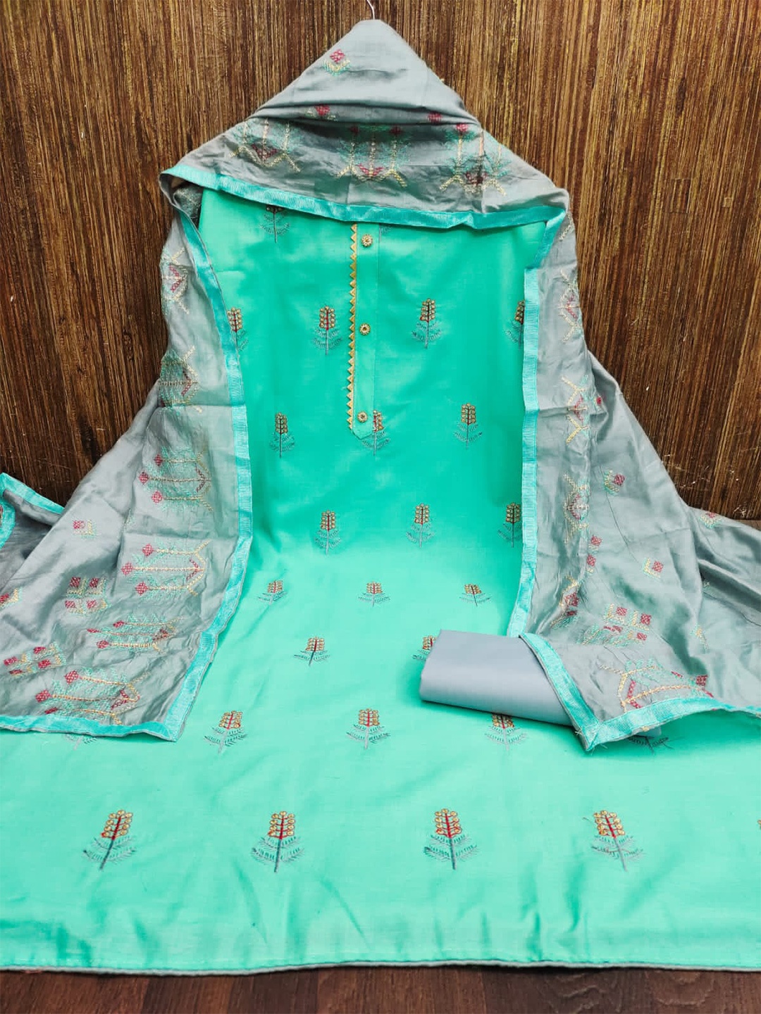 

ZEEPKART Embroidered Unstitched Dress Material, Turquoise blue