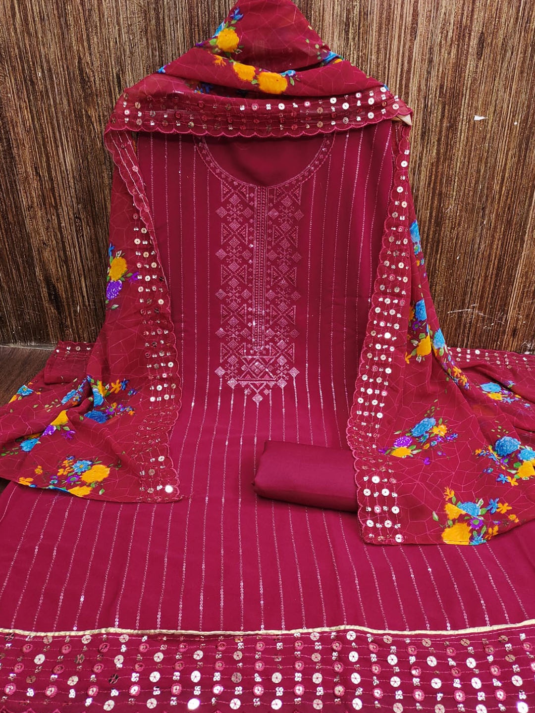

ZEEPKART Embellished Unstitched Dress Material, Red