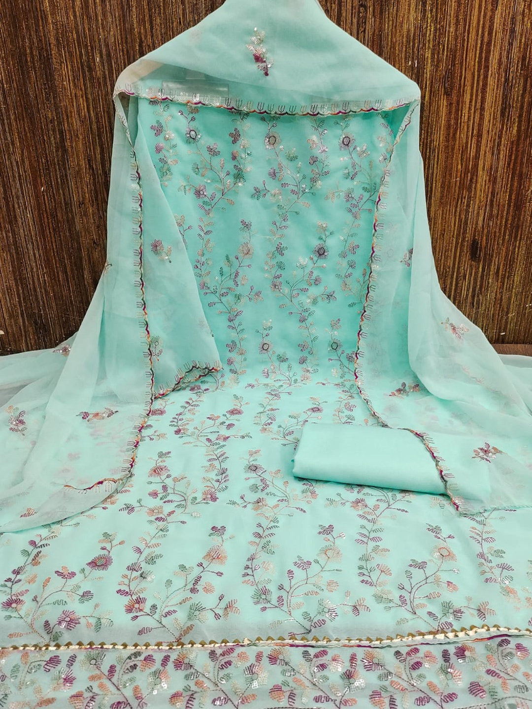 

ZEEPKART Floral Embellished Sequined Unstitched Dress Material, Turquoise blue