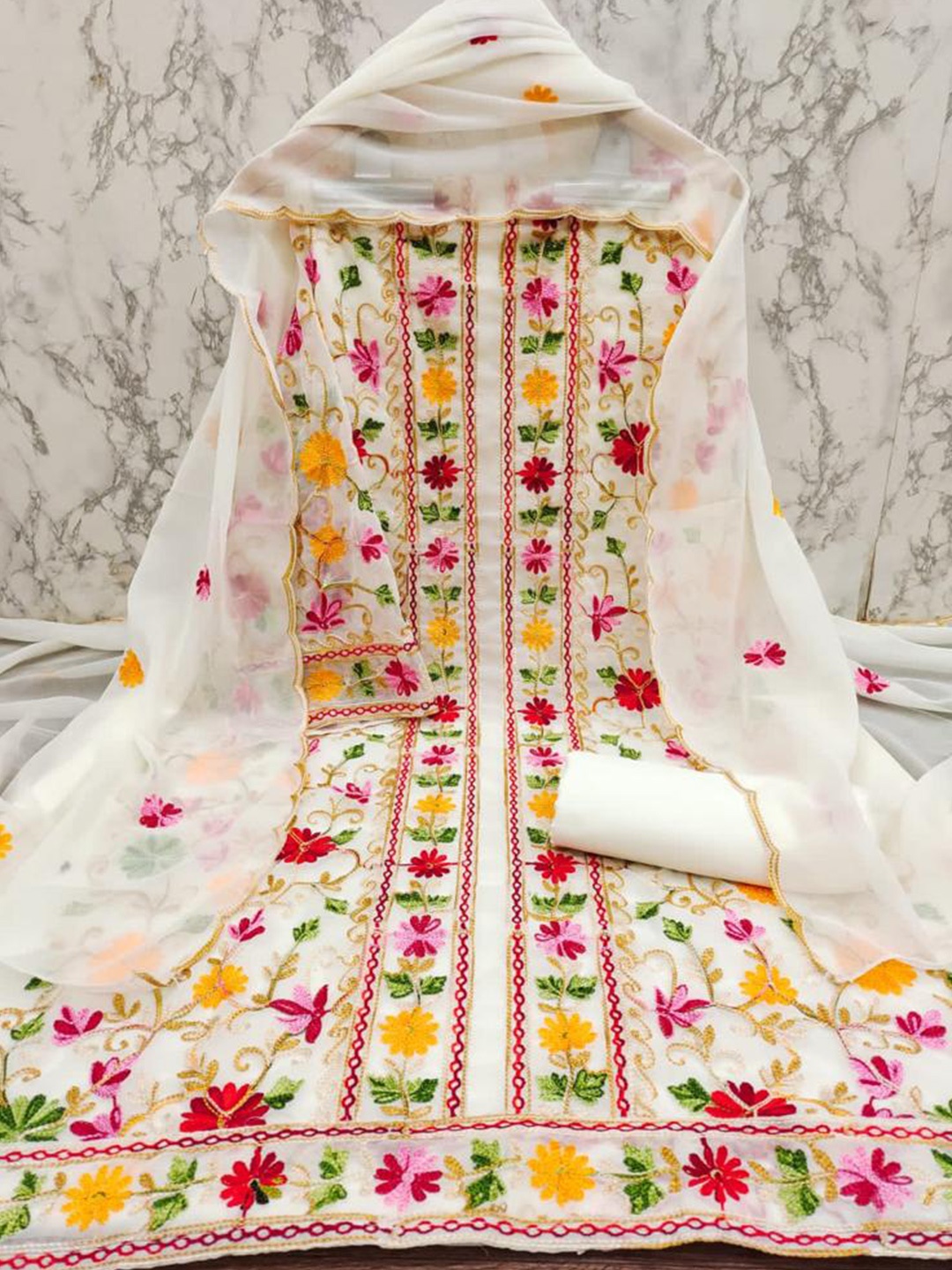 

ZEEPKART Embroidered Unstitched Dress Material, White
