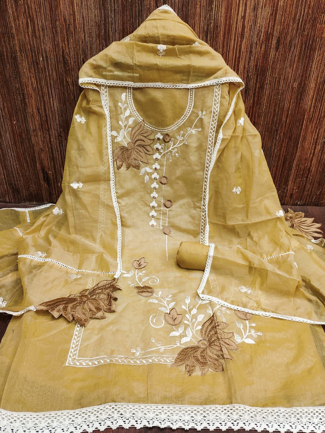 

ZEEPKART Floral Embroidered Organza Unstitched Dress Material, Mustard