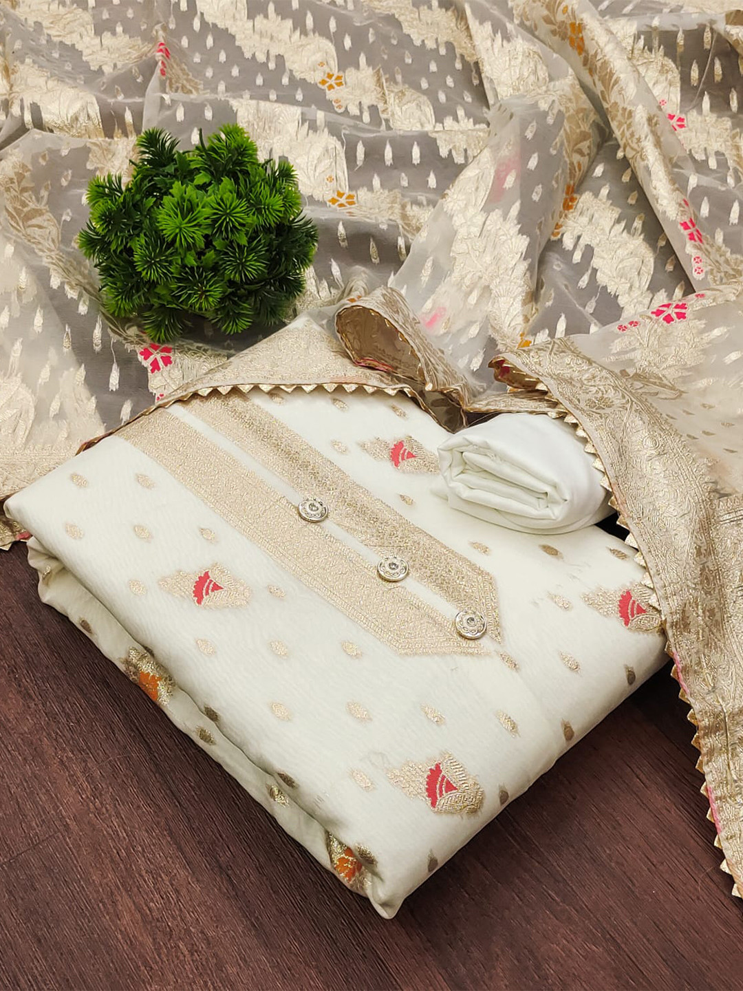 

ZEEPKART Floral Woven Design Unstitched Dress Material, White