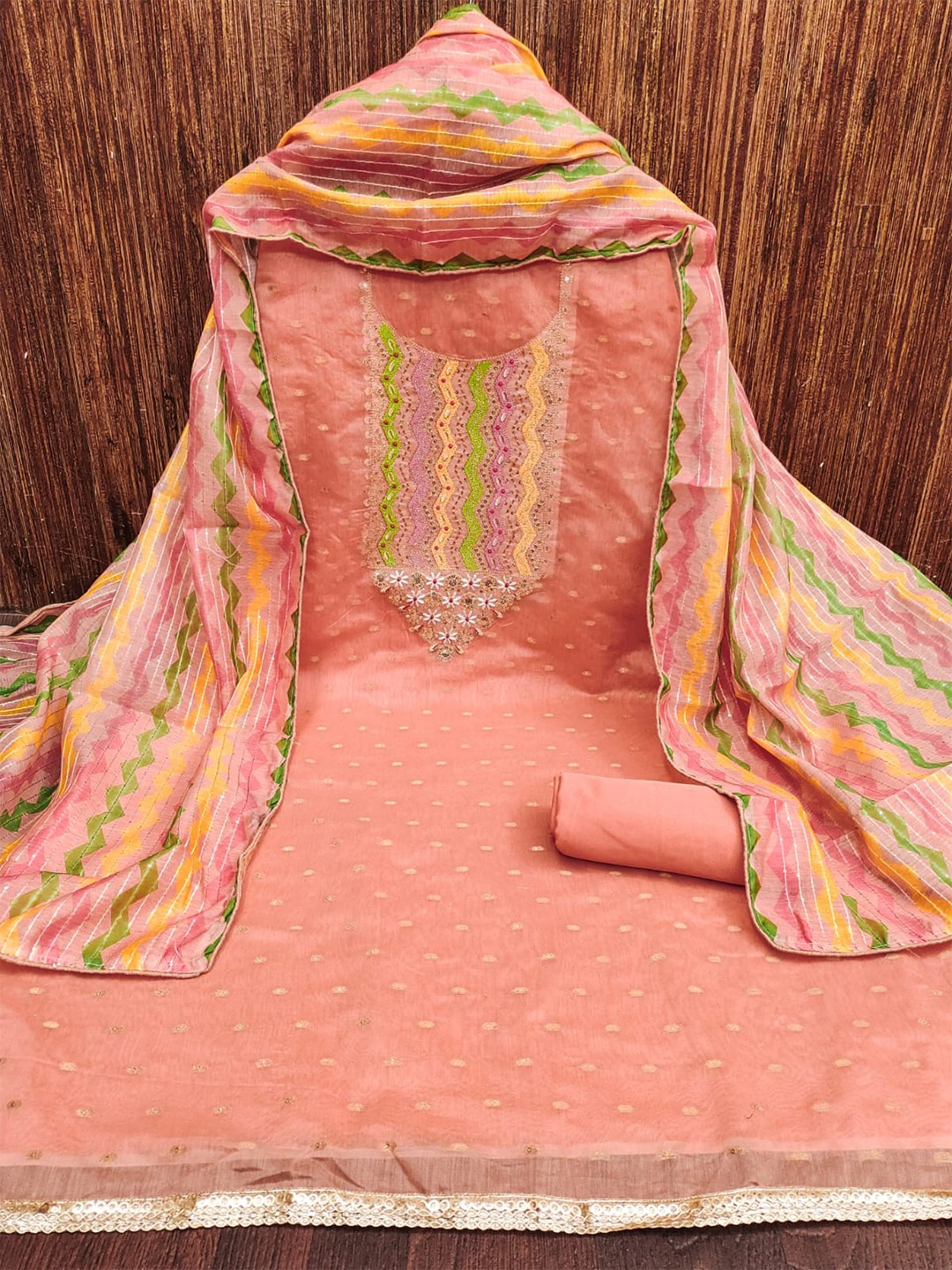 

ZEEPKART Ethnic Motifs Woven Design Zari Unstitched Dress Material, Orange
