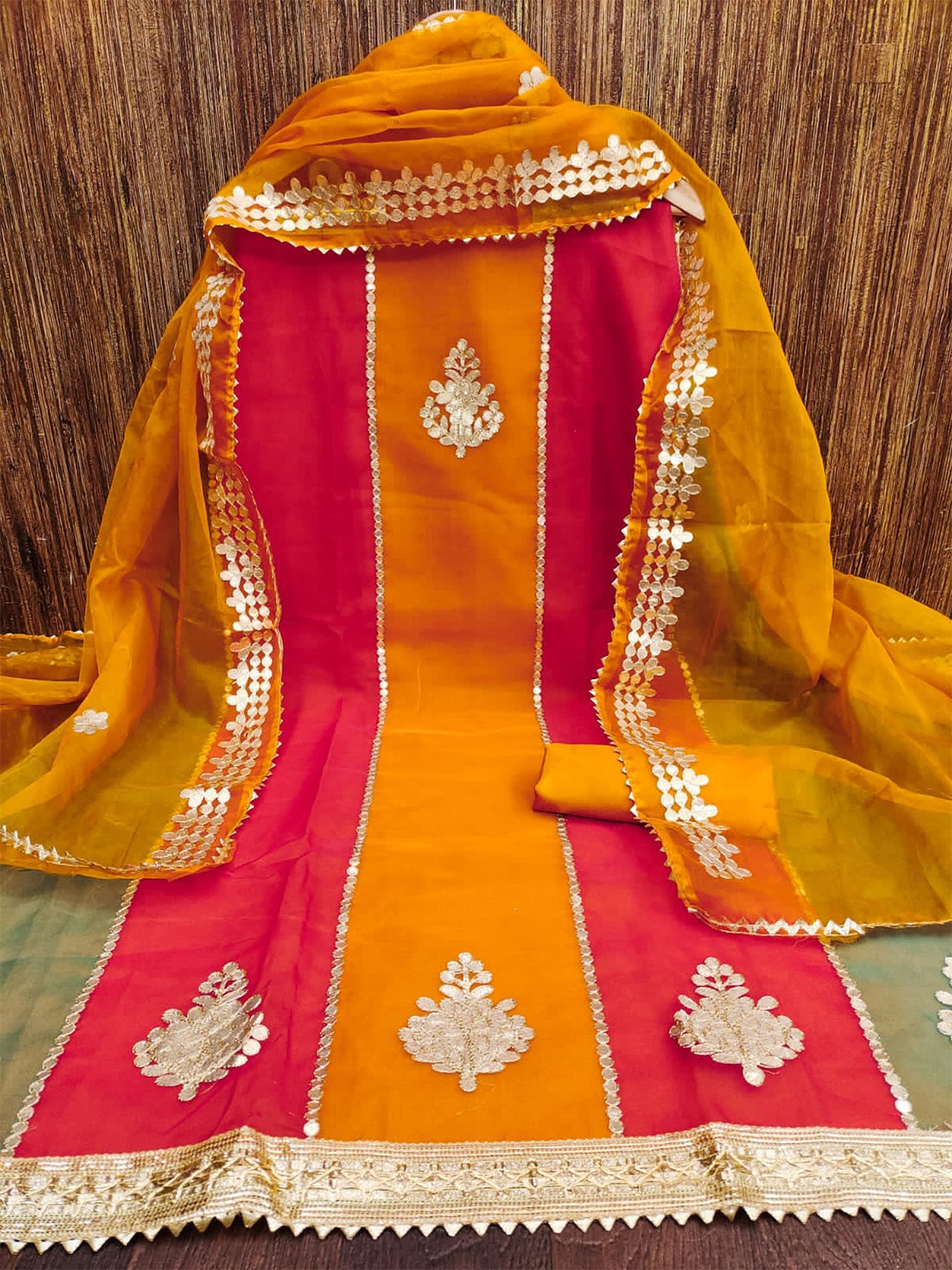 

ZEEPKART Ethnic Motifs Woven Design Gotta Patti Unstitched Dress Material, Red