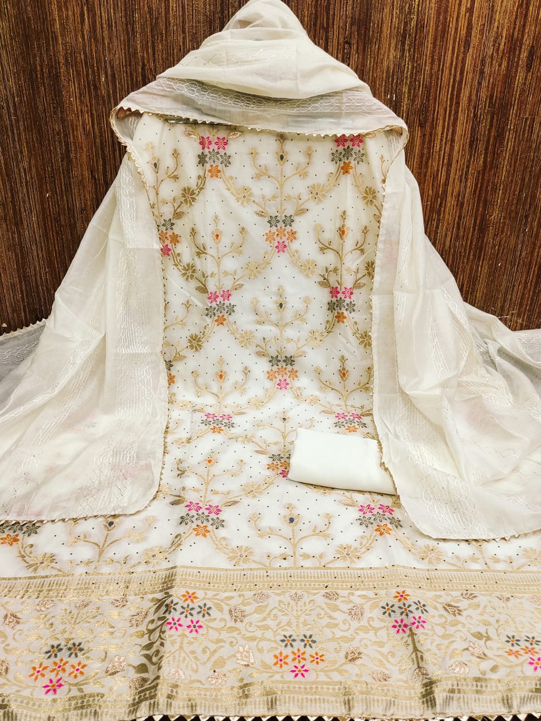 

ZEEPKART Floral Woven Design Gotta Patti Unstitched Dress Material, White