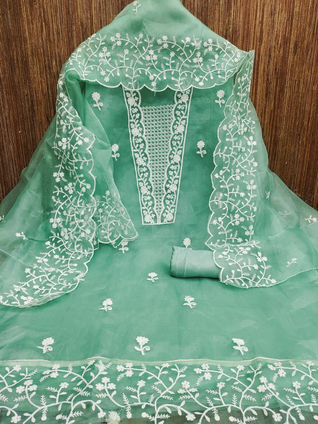 

ZEEPKART Floral Embroidered Organza Unstitched Dress Material, Turquoise blue