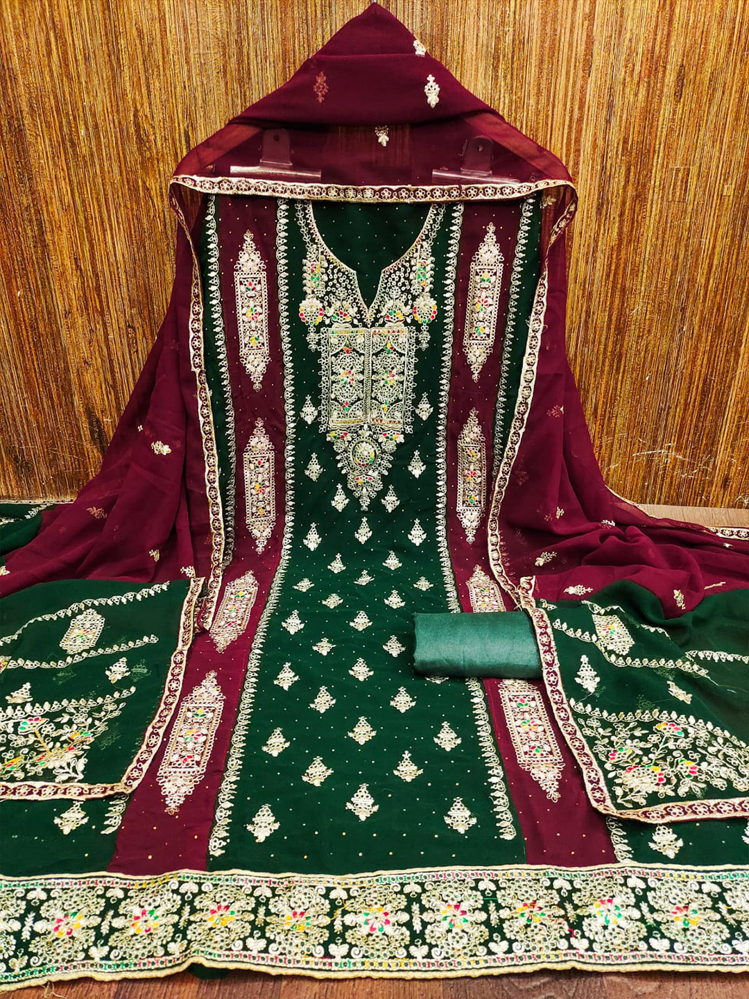 

ZEEPKART Ethnic Motifs Woven Design Unstitched Dress Material, Green