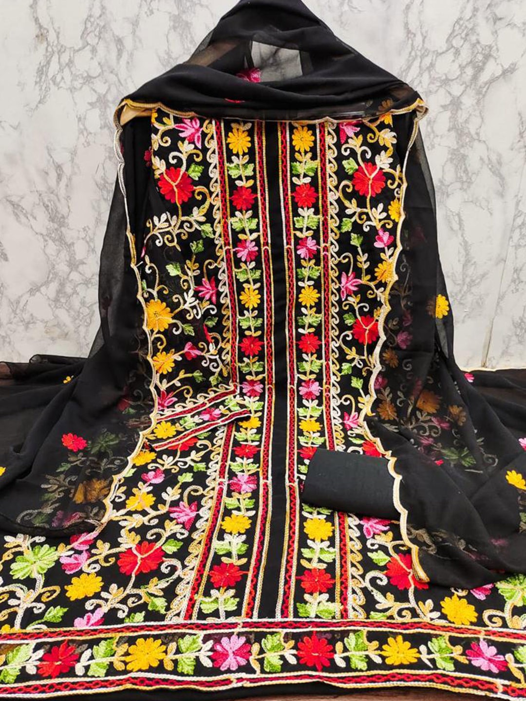 

ZEEPKART Floral Embroidered Unstitched Dress Material, Black