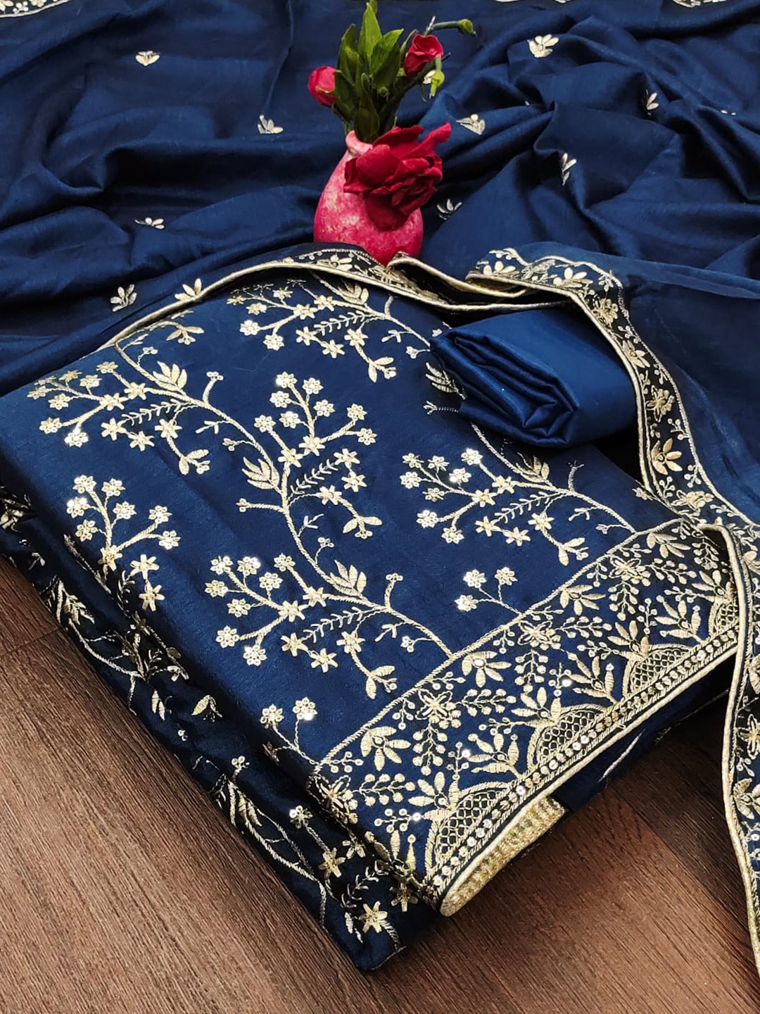 

ZEEPKART Floral Embroidered Unstitched Dress Material, Blue