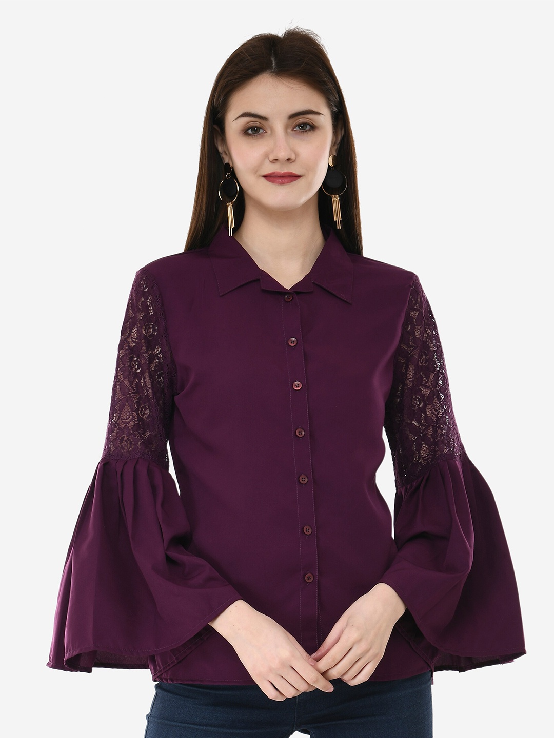 

V&M Bell Sleeve Crepe Shirt Style Top, Purple