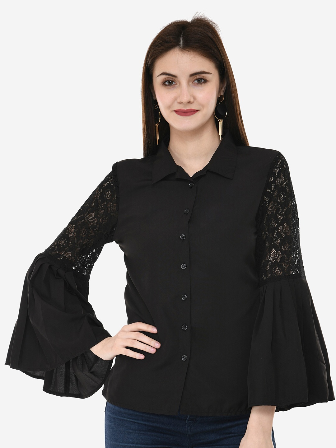 

V&M Bell Sleeve Crepe Shirt Style Top, Black
