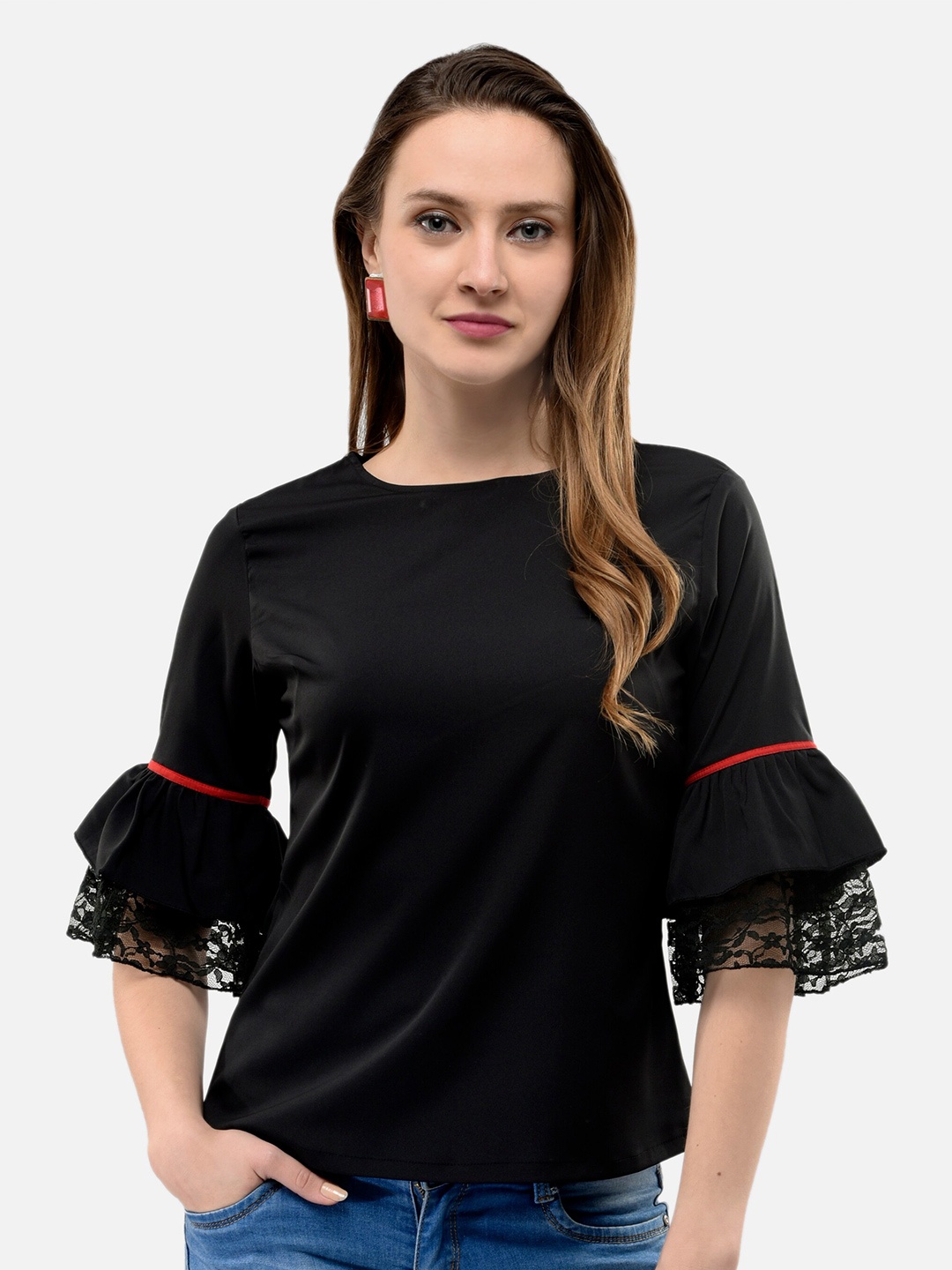 

V&M Bell Sleeve Crepe Top, Black