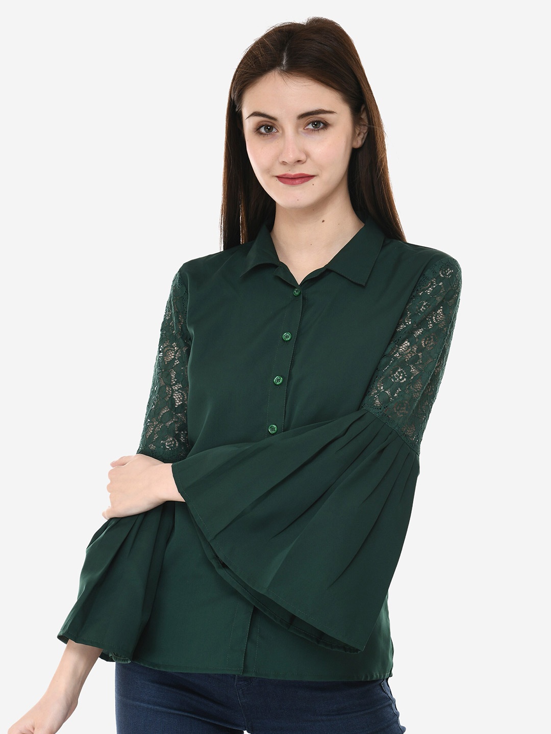 

V&M Bell Sleeve Crepe Shirt Style Top, Green