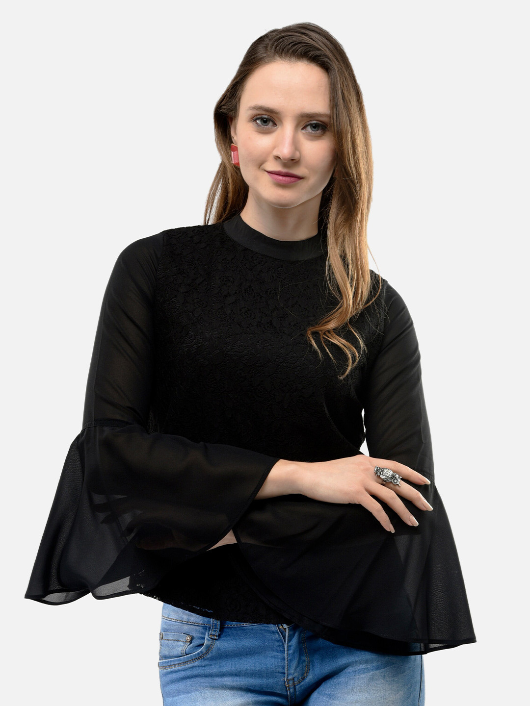 

V&M Mandarin Collar Bell Sleeve Cotton Lace Top, Black