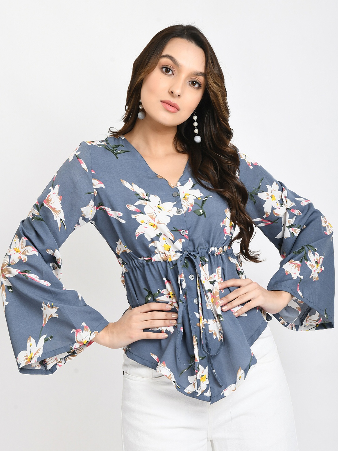 

V&M Floral Print Flared Sleeve Crepe Wrap Top, Grey