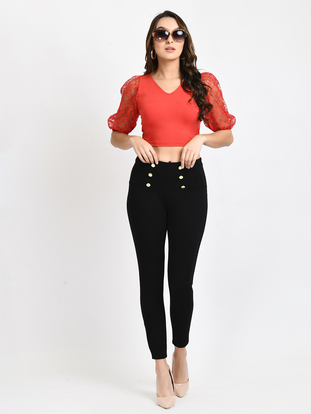 

V&M Puff Sleeve Crop Top, Red