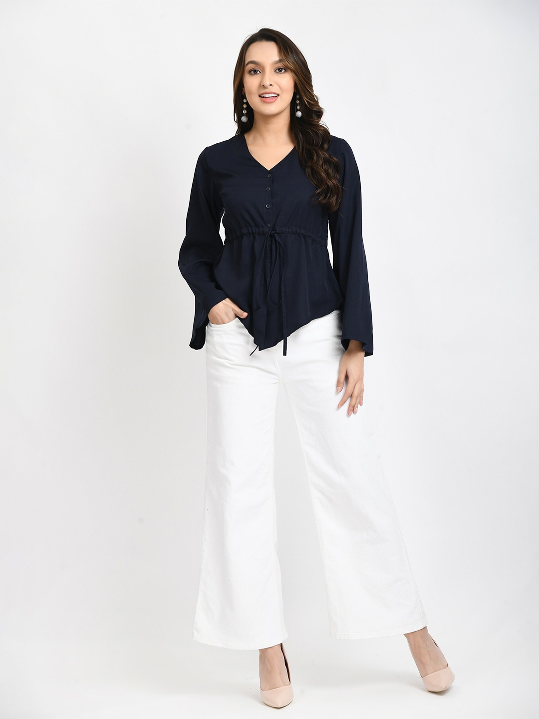 

V&M Bell Sleeve Crepe Top, Navy blue