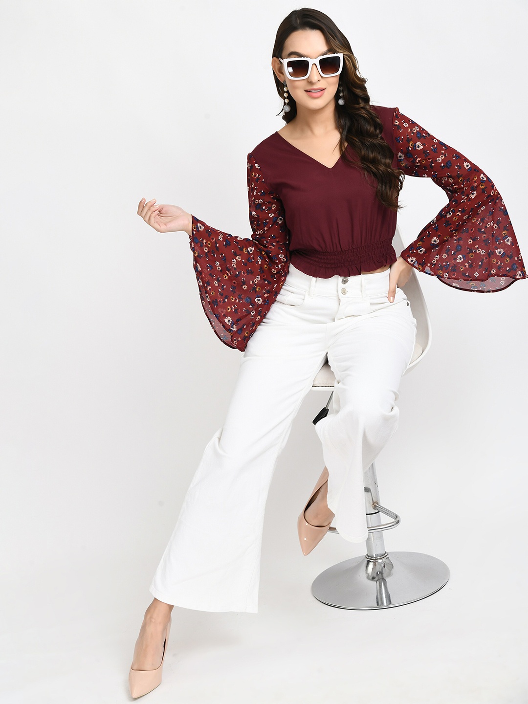 

V&M Bell Sleeve Blouson Crop Top, Maroon