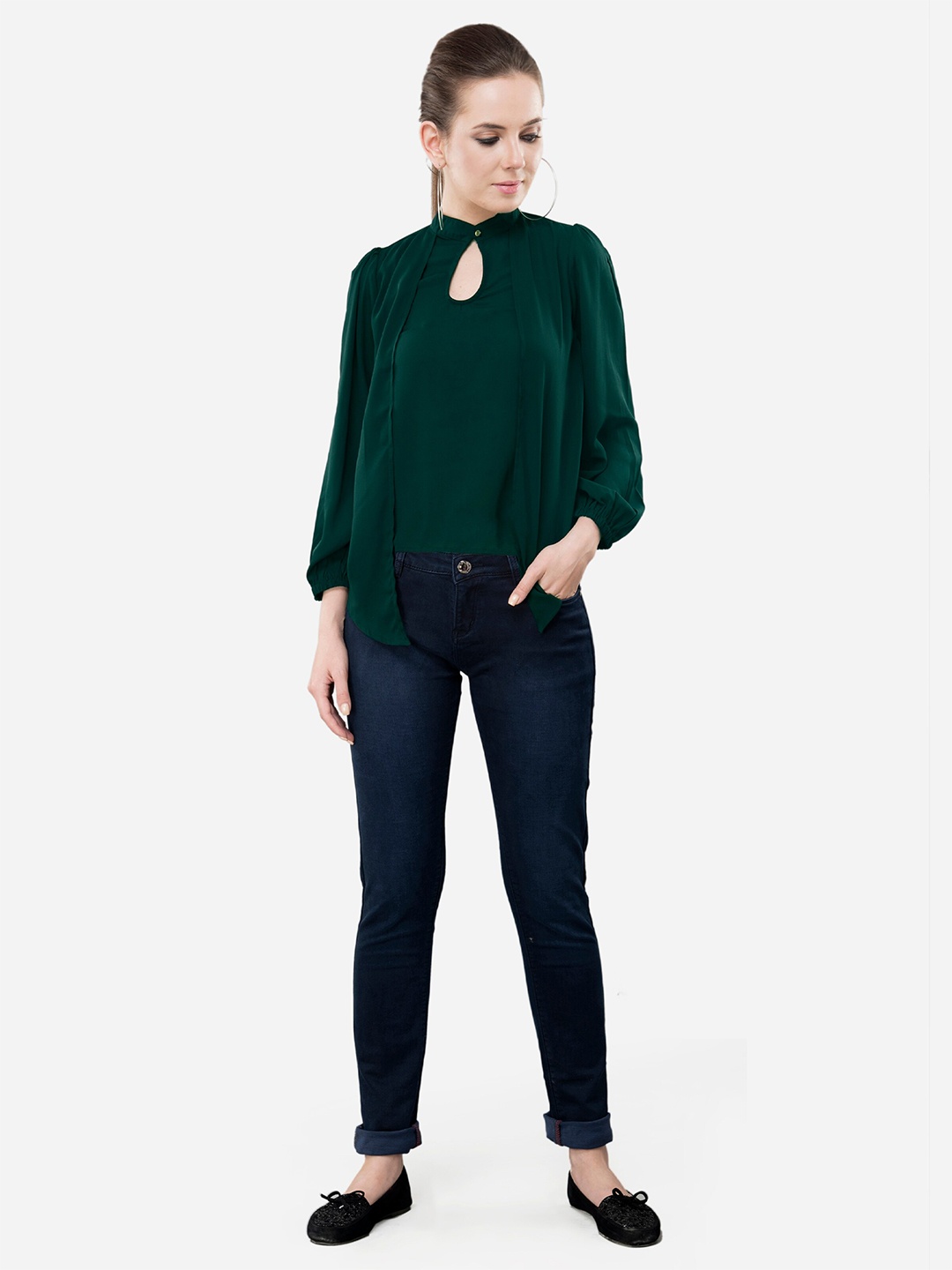 

V&M Keyhole Neck Bell Sleeve Crepe Top, Green