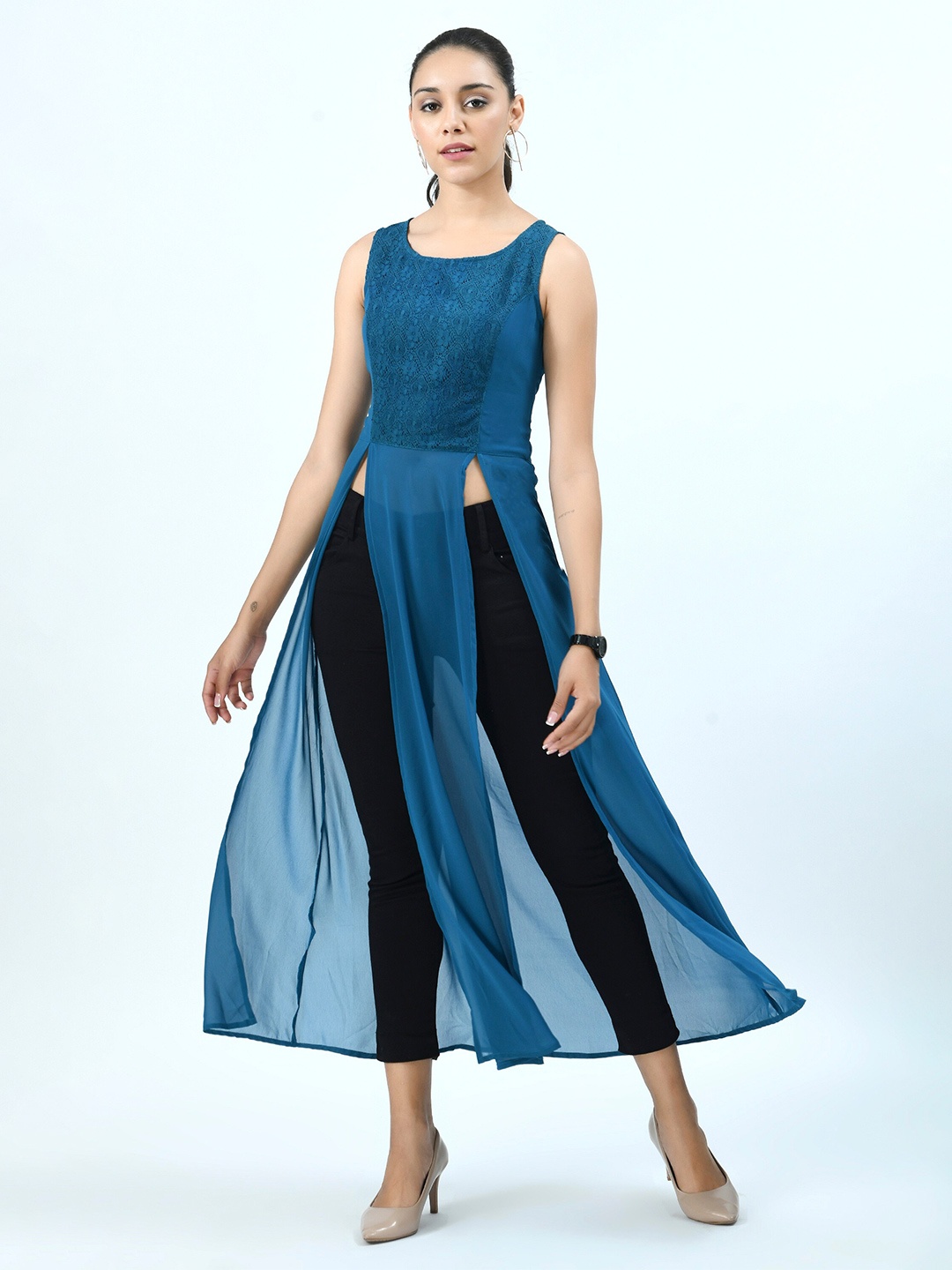 

V&M Georgette Maxi Longline Top, Blue