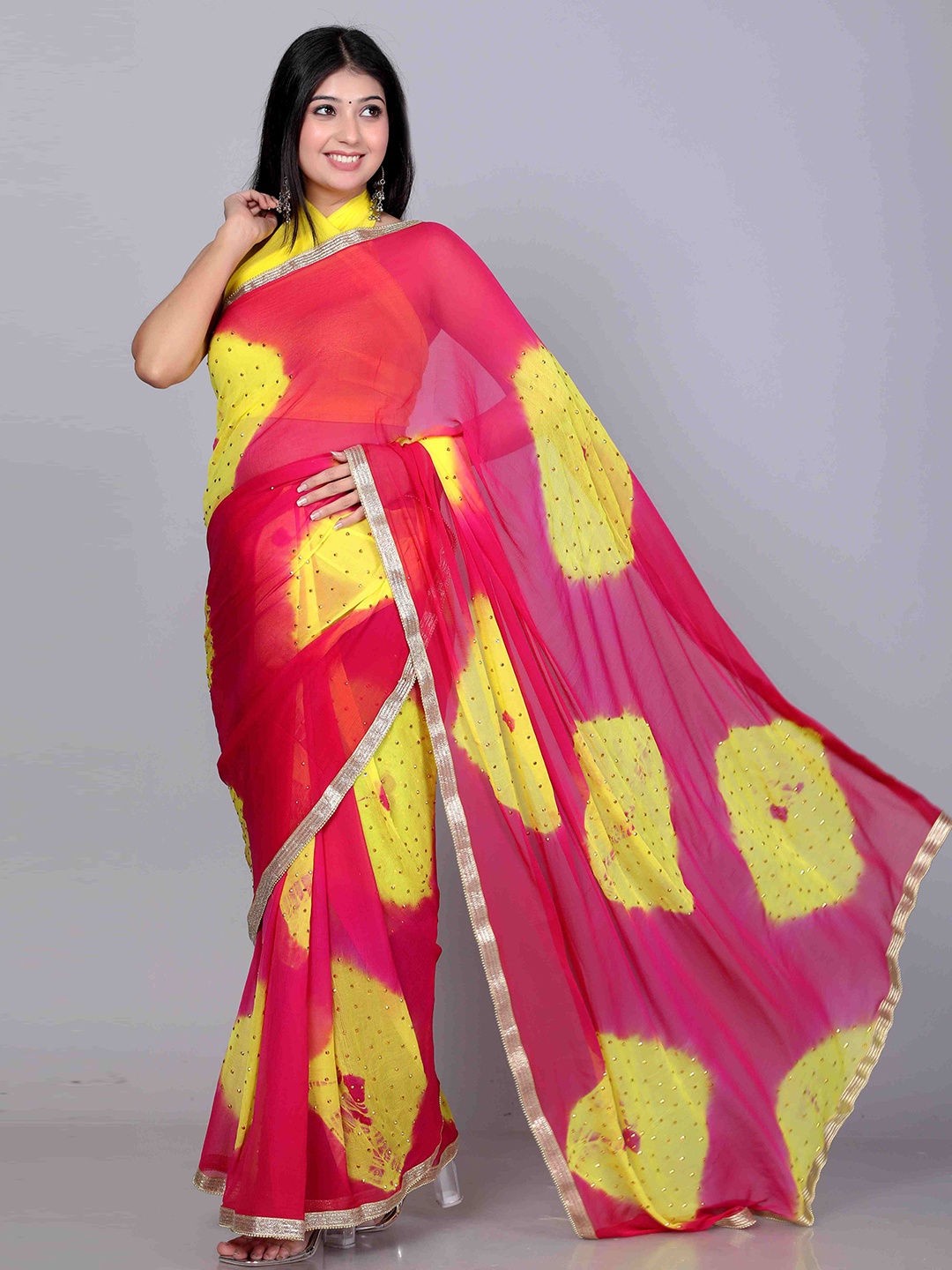 

VL SAREES Tie and Dye Beads and Stones Pure Chiffon Bandhani Saree, Pink