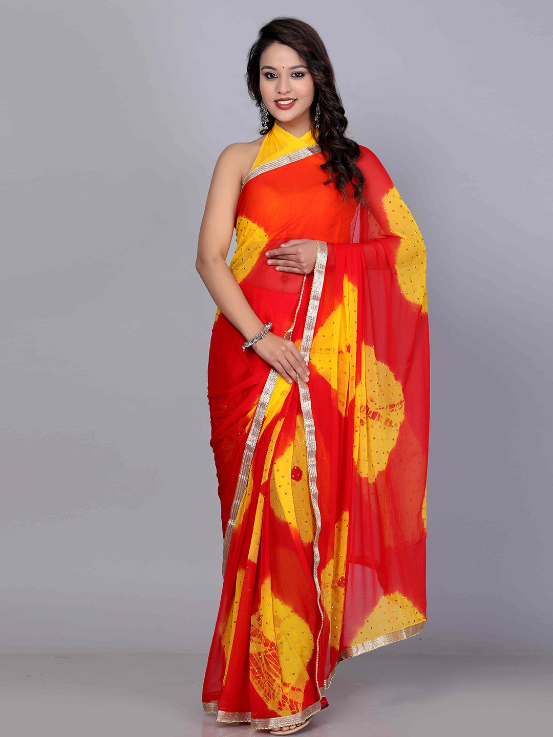 

VL SAREES Embellished Beads and Stones Pure Chiffon Bandhani Saree, Red