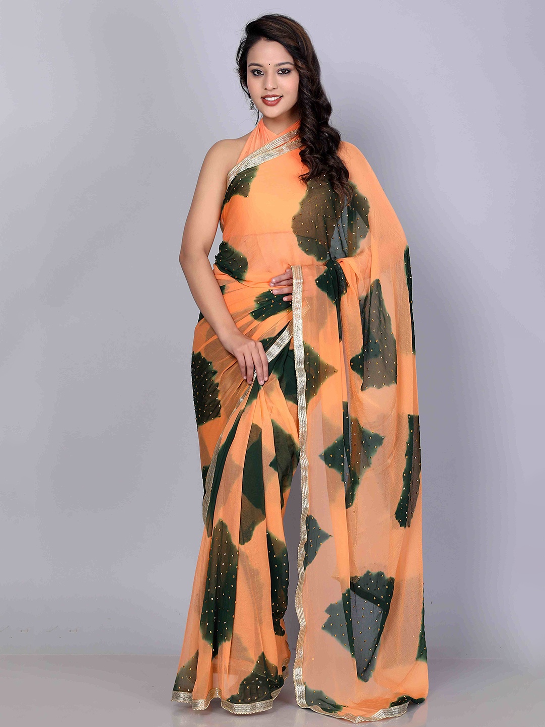 

VL SAREES Embellished Beads and Stones Pure Chiffon Bandhani Saree, Peach