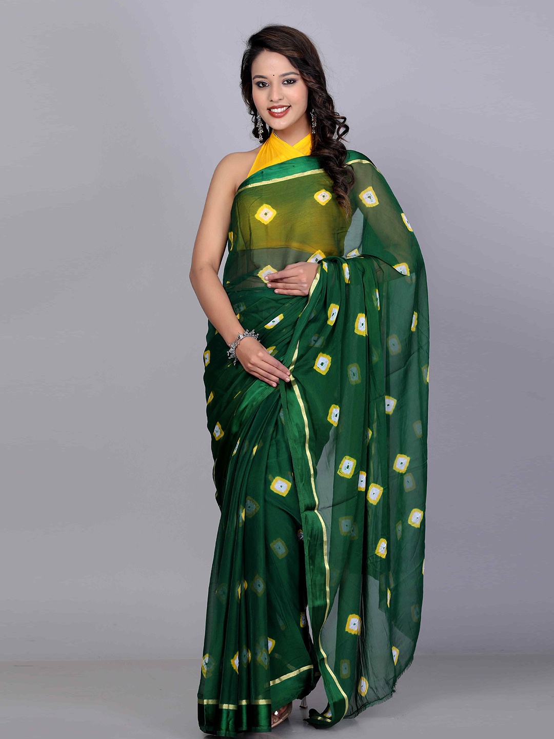 

VL SAREES Bandhani Zari Pure Chiffon Bandhani Saree, Sea green