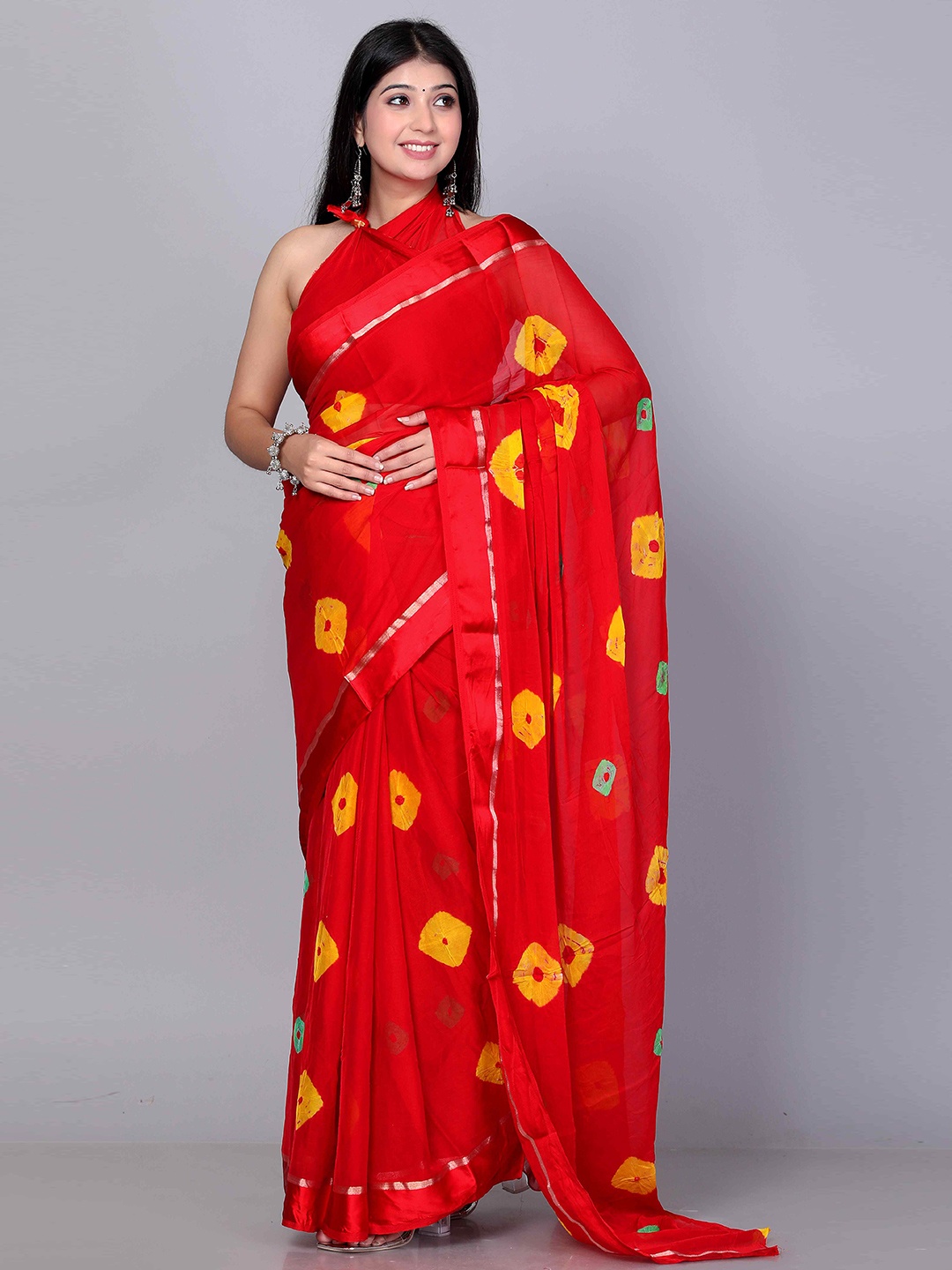 

VL SAREES Bandhani Zari Pure Chiffon Bandhani Saree, Red