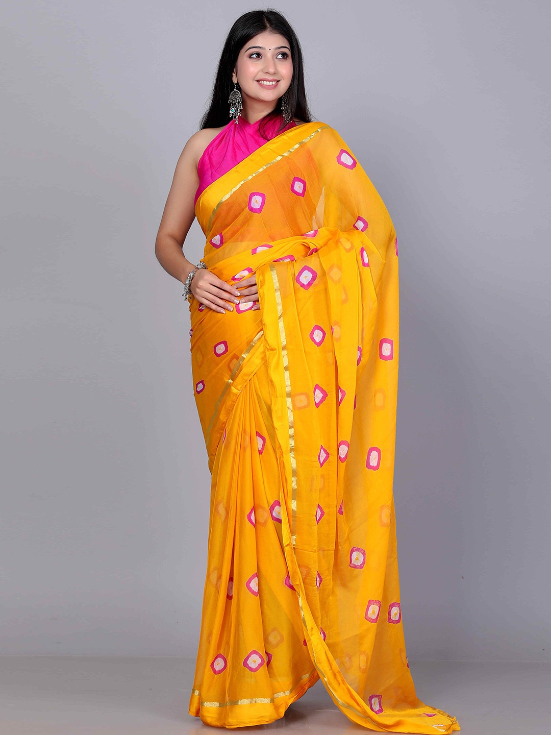 

VL SAREES Bandhani Zari Pure Chiffon Bandhani Saree, Yellow