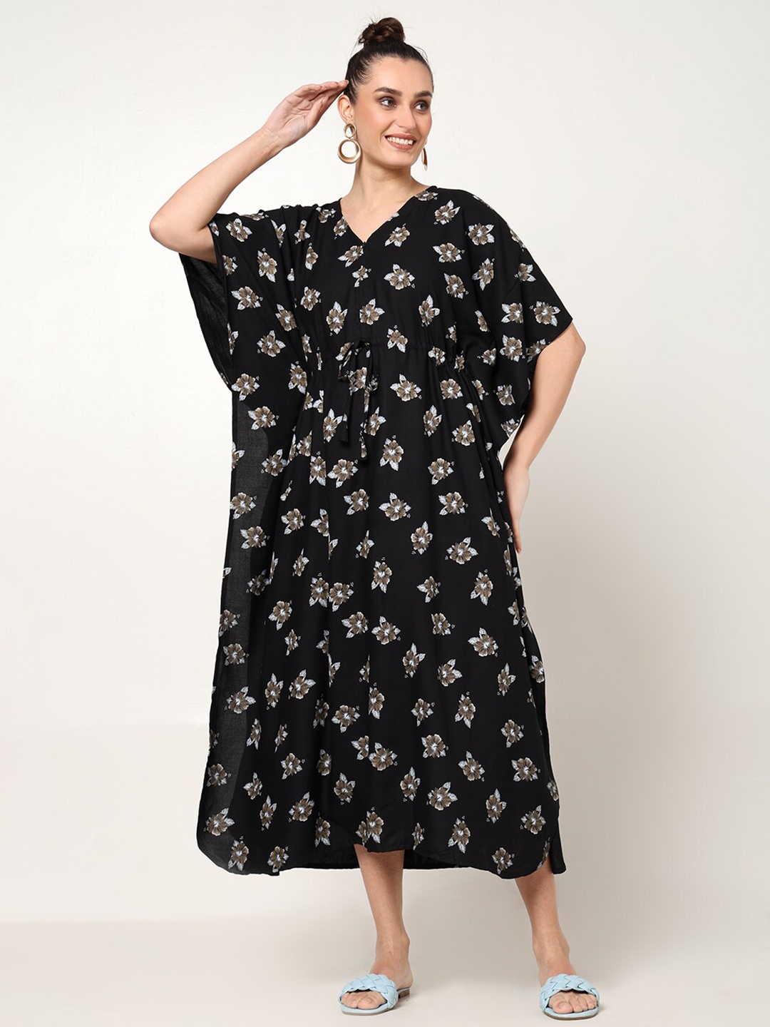 

CRAFTBAZAR Floral Print Kimono Sleeve Maternity Kaftan Midi Dress, Black