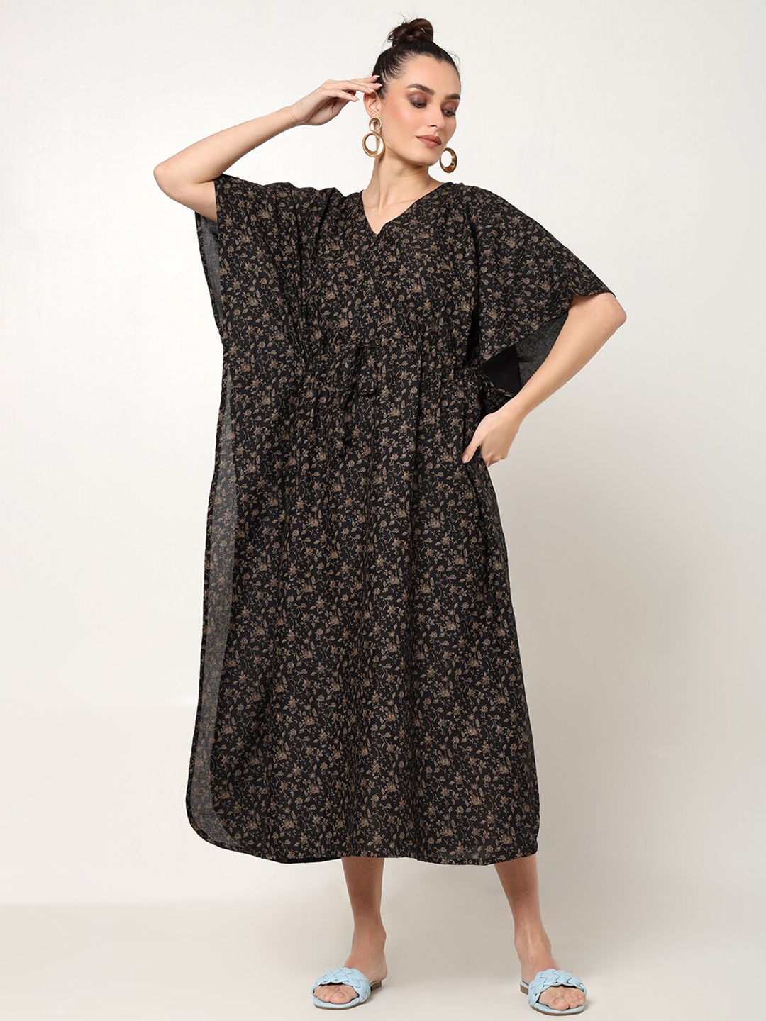 

CRAFTBAZAR Floral Print Kimono Sleeve Maternity Kaftan Midi Dress, Black