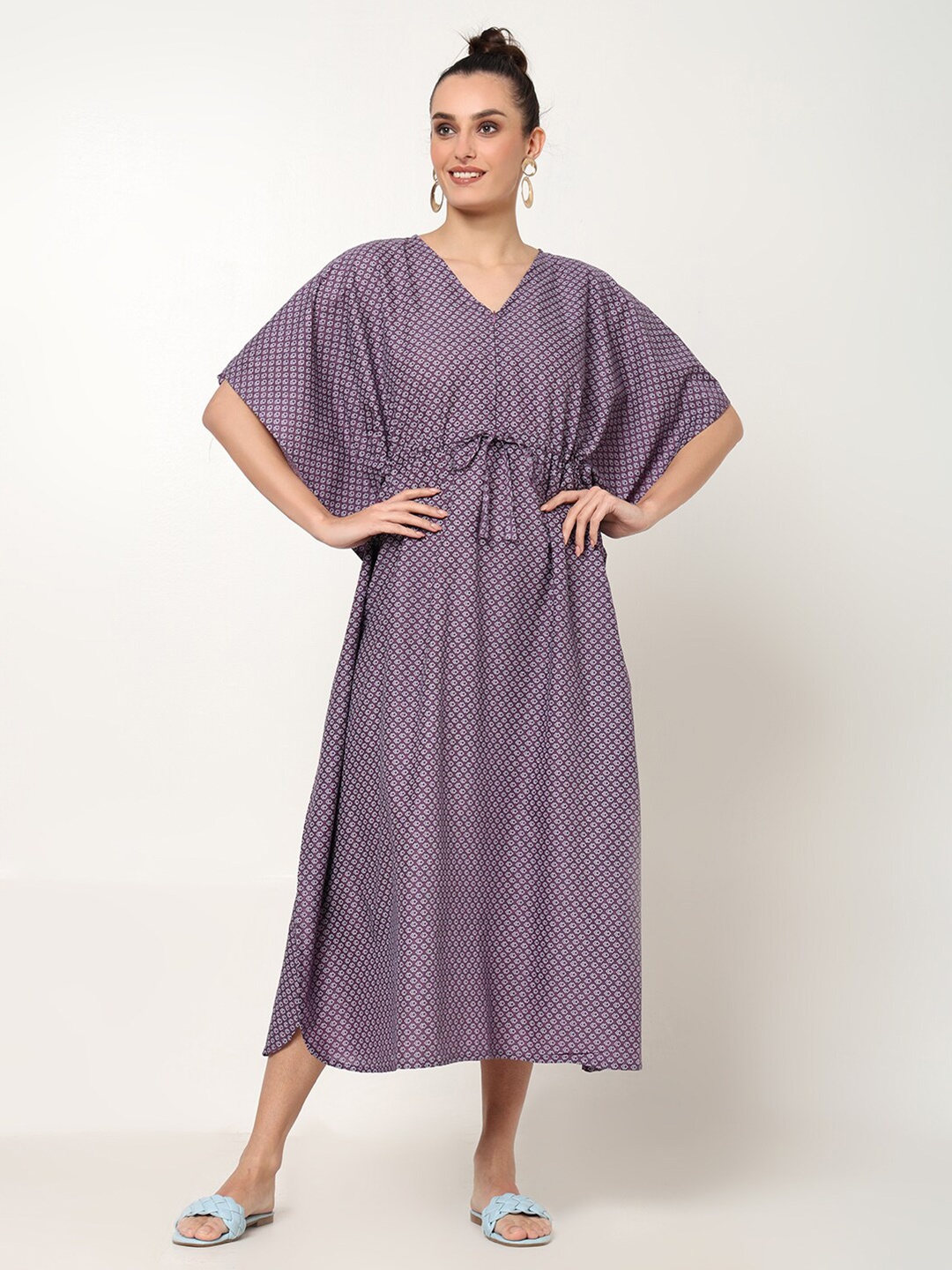 

CRAFTBAZAR Printed Kimono Sleeve Maternity Kaftan Midi Dress, Purple