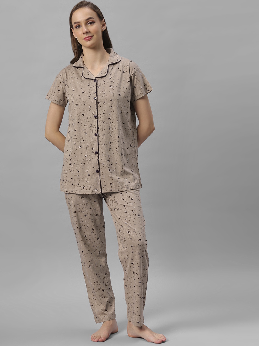 

DZZO Geometric Printed Pure Cotton Night suit, Cream