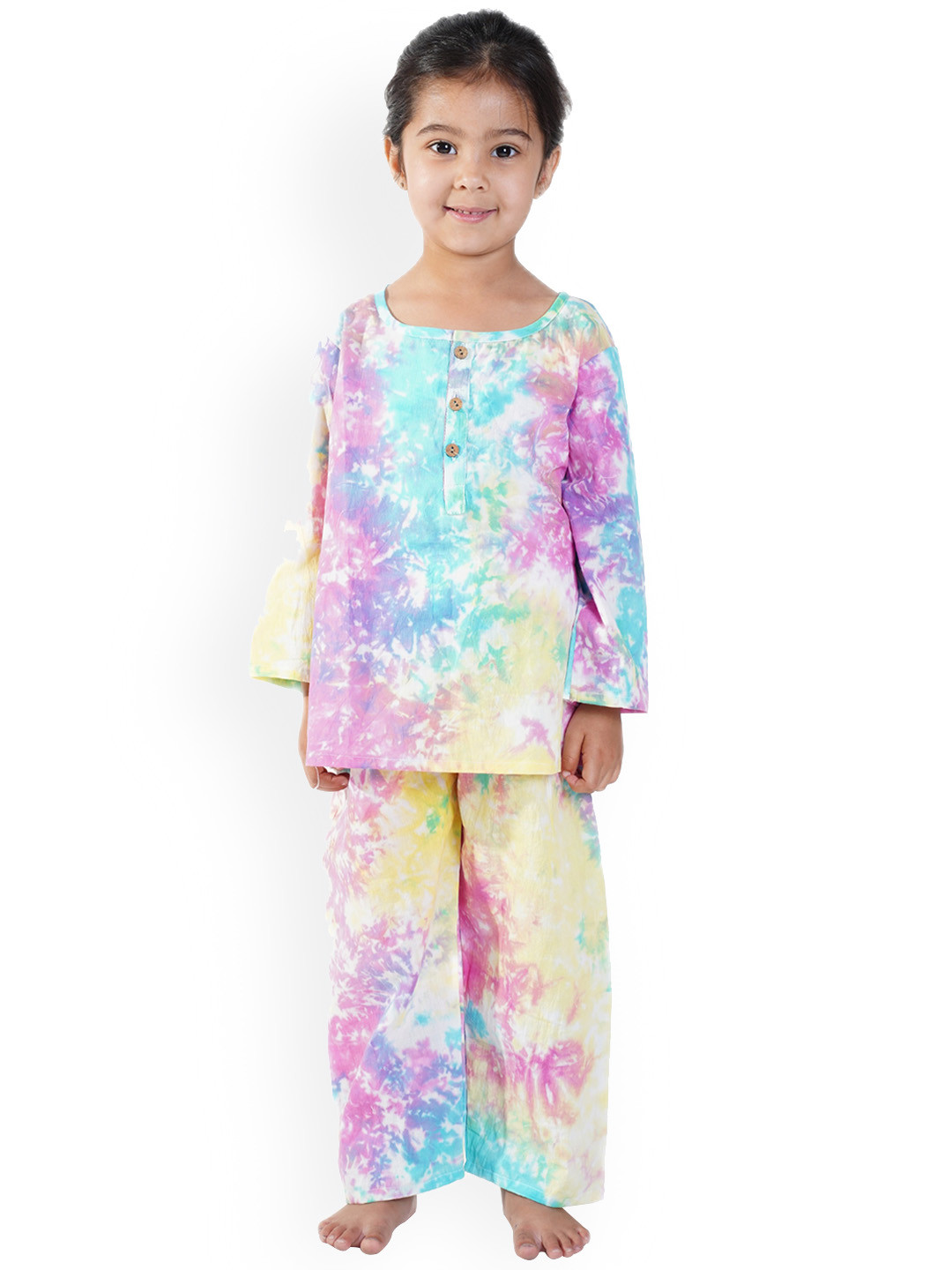 

BAESD Girls Tie and Dye Pure Cotton Kurti With Pyjamas, White