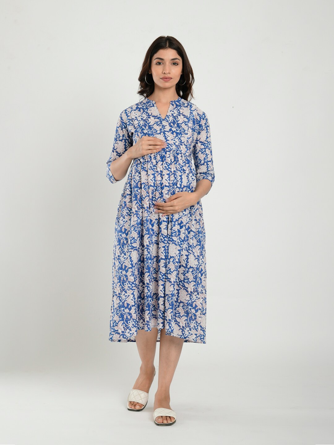 

CRAFIQA Floral Print Maternity Fit & Flare Midi Dress, Blue