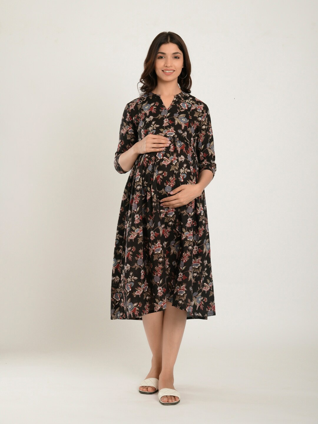 

CRAFIQA Floral Print Maternity A-Line Midi Dress, Black