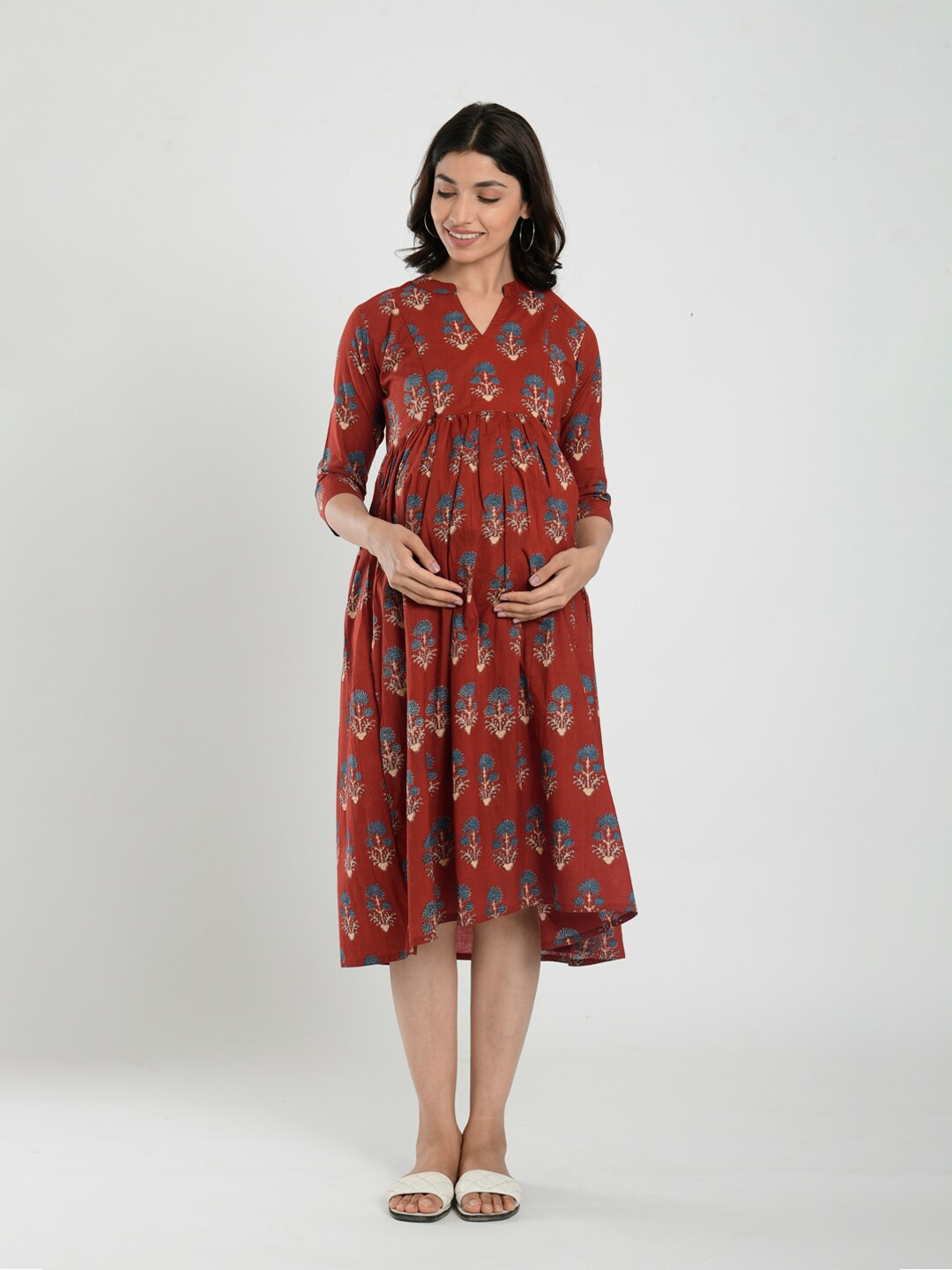 

CRAFIQA Floral Print Maternity Fit & Flare Midi Dress, Maroon