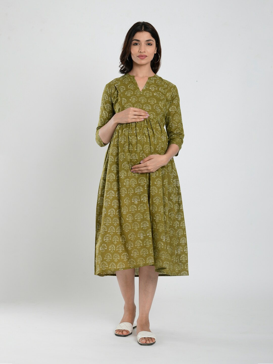 

CRAFIQA Floral Print Maternity Fit & Flare Midi Dress, Green